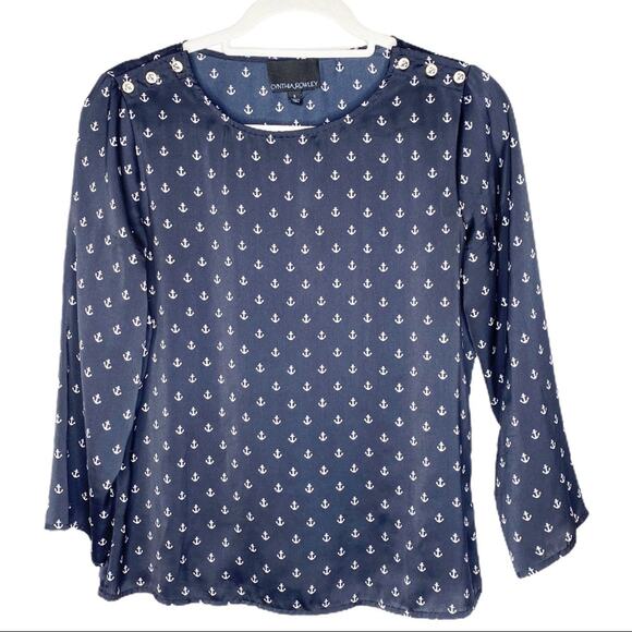 Cynthia Rowley Nautical Anchor Blue Blouse Top Small - Picture 2 of 6